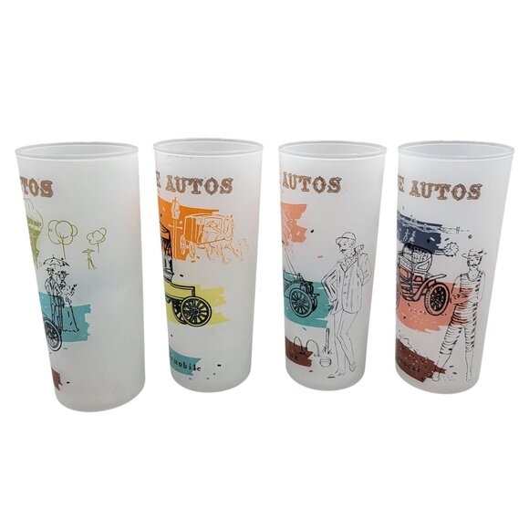 Vintage Anchor Hocking 1960s Frosted Glasses Antique Autos Design 16 Oz Set of 6 - Picture 2 of 8